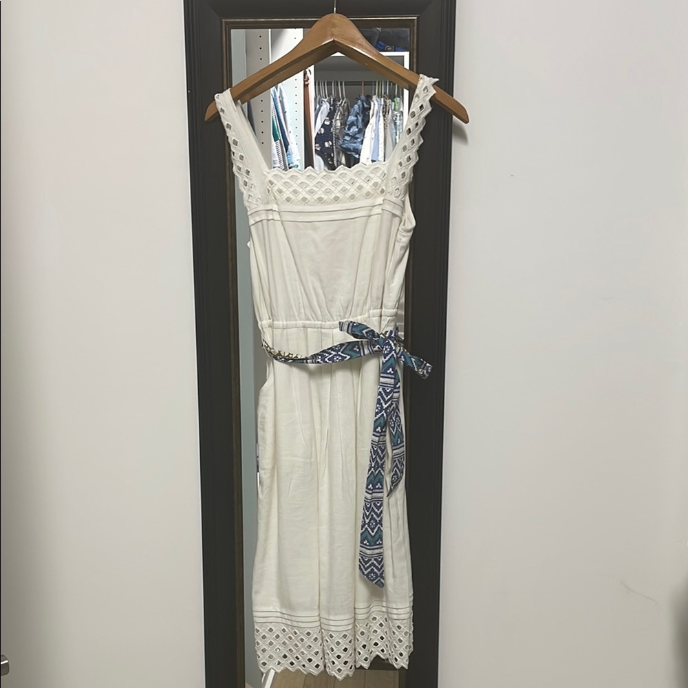 NWT White Sleeveless Dress with Blue and tan belt